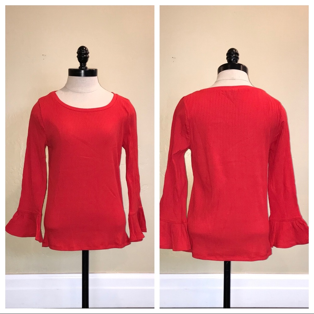 J Crew Red Ribbed Bell Sleeved Tee Shirt Med NWOT